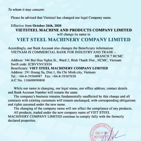 NOTIFICATION OF COMPANY NAME CHANGE