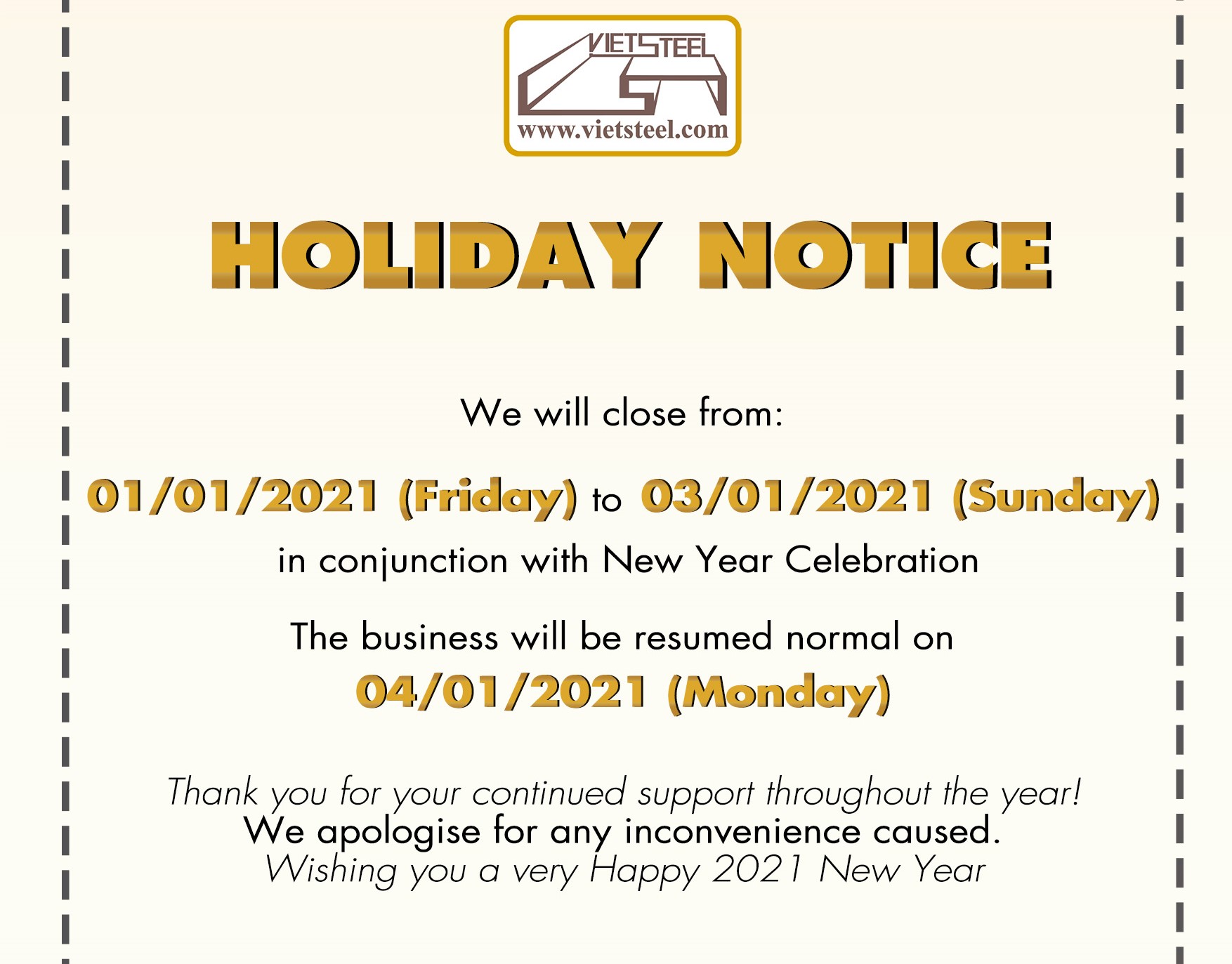 Vietsteel Holiday notice [New year 2021]